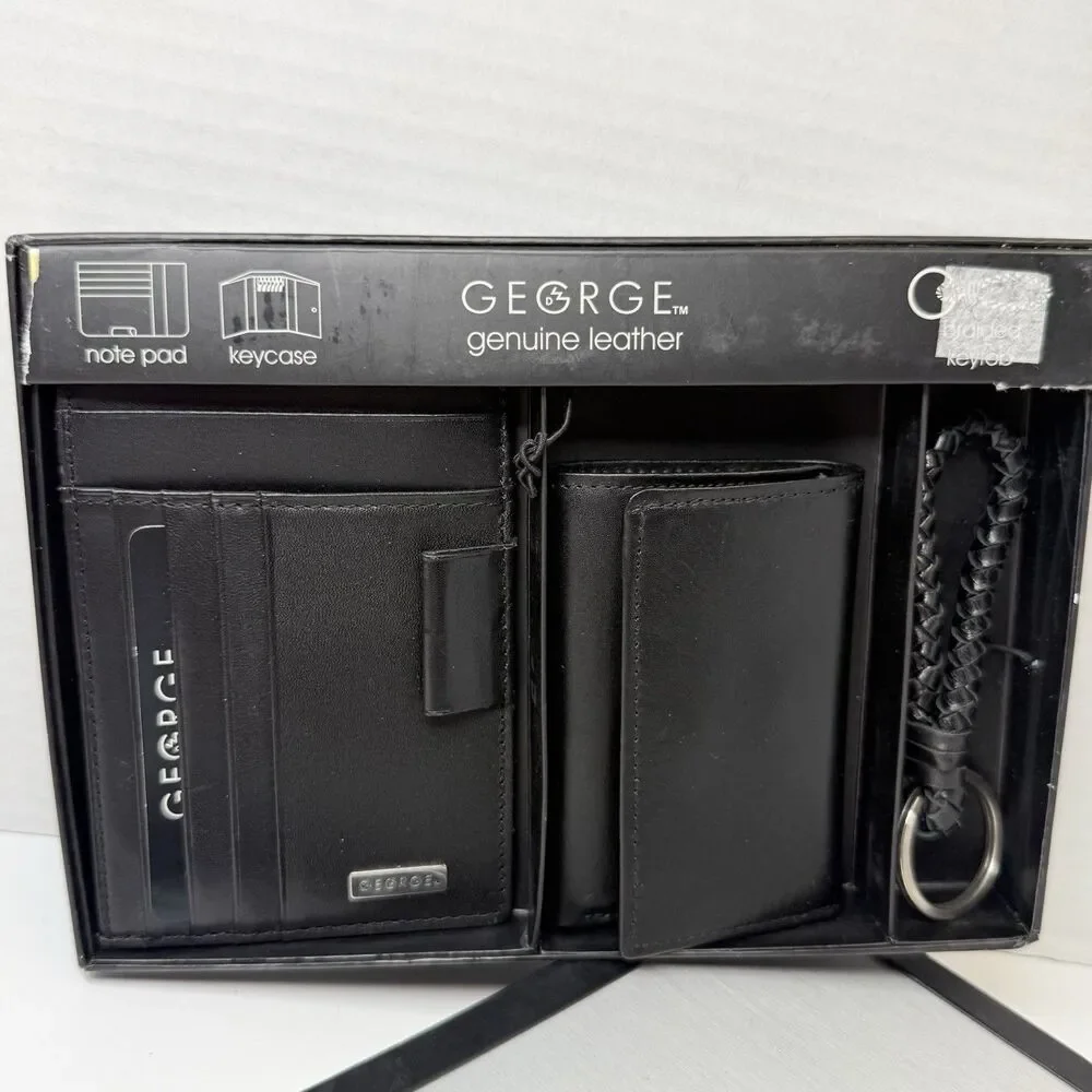 GEORGE Genuine Leather Note Pad Cardholder Key Case Braided Keyfob Gift Set New